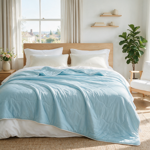 sleepbettr. Eisdecke auf dem Bett, helles Schlafzimmer